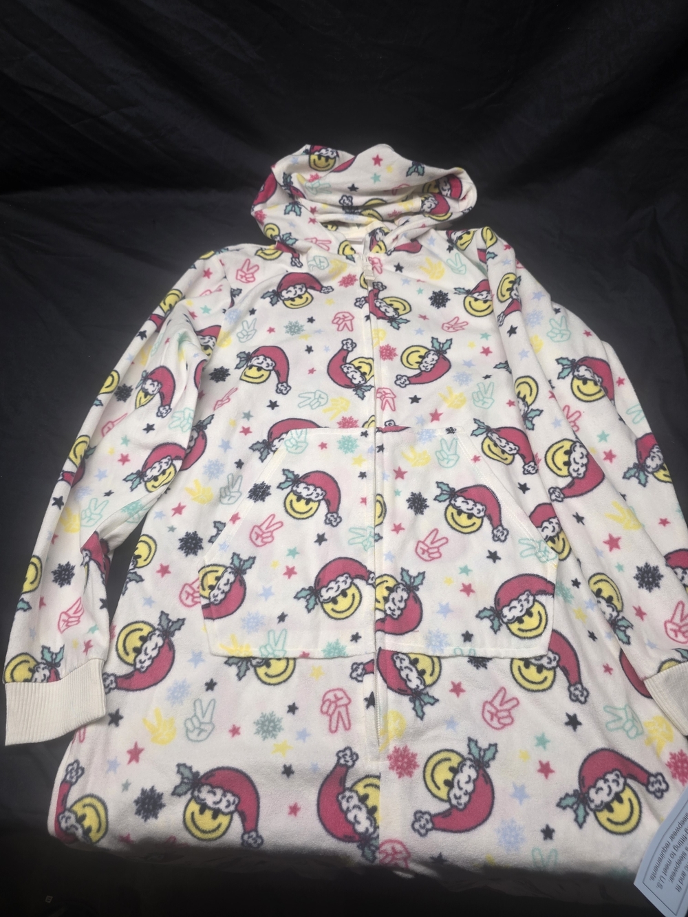 Cat & Jack Kids Christmas Smiley Santa Hooded Fleece Union Suit Pajamas XL (14)